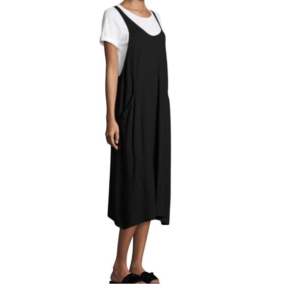 Eileen Fisher A-line midi jersey Jumper Dress sz L Lagenlook pockets layered - Picture 3 of 12